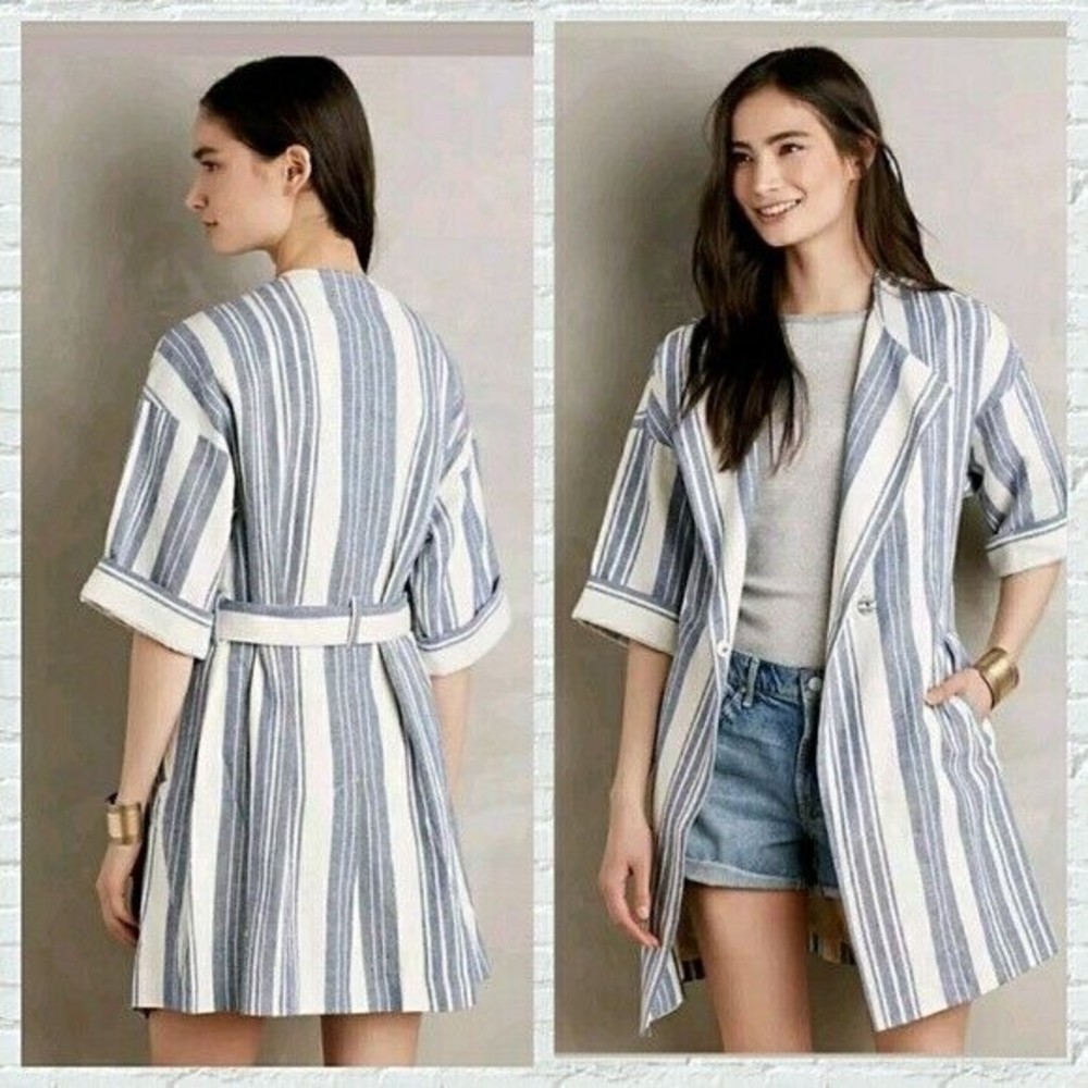 $168 Anthropologie Elevenses North Channel Linen Belted Trench Coat /Jacket~XS/S